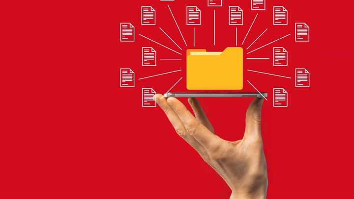 Document Management System DMS .Businessman hold folder and document icon.Software for archiving, searching and managing corporate files and information.Internet Technology Concept.Digital security.